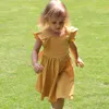Girl's Dresses 0-5-year-old Girl's Solid Cotton Linen Dress Children's Flying Sleeve Princess Skirt Spring And Autumn Suspender Dres