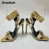 Aneikeh Summer Golden Sandals High Heels Kobiety Diamond Bling Crystalpointed Bandage Buty kostki Sandały Pasku 35 42 220526