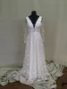 Langarm Boho Hochzeitskleid Stern Pailletten A-Linie Strand Brautkleider 2022 Sexy tiefer V-Ausschnitt Landbrautkleider Romantische Robe De Mariage