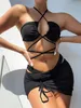 Women's Swimwear Solid Tie Up Drawstring Bikini Set Swimsuit reverse wear three-piece split foreign trade swimsuit