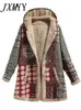 Zima w stylu Vintage kobiety płaszcz ciepły nadruk gruba polarowa długa kurtka z kapturem z kieszenią damska odzież wierzchnia luźny płaszcz dla kobiet 220819