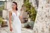 Boho Beach Abiti da sposa a sirena in raso per le spose Moda sexy scollo a V in pizzo con applicazioni da giardino Abito da sposa Corte dei treni Vedere attraverso la schiena Modern Robes de Mariee CL0902