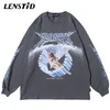 Lenstid Men Hip Hop Streetwear Angel Print Print Print Harajuku негабаритная футболка с длинными рукавами мода большая футболка хлопчатобу