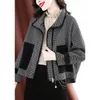 Houndstooth Short Woolen Coat Women Spring Autumn Jackets Pocket Unterwear 느슨한 겨울 검은 흰색 양모 재킷 여성 220819