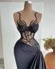 Sexy Black Mermaid Prom Dresses Beaded Boned Illusion Neck Women Gowns Sweep Train Satin Formal Evening Dress