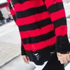 Black Red Striped Sweaters Washed Destroyed Ripped Sweater Men Hole Knit Jumpers Men Women Oversized Sweater Harajuku 220819