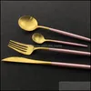 Dinnerware Sets Round Handle Matte Black Gold Set 304 Stainless Steel Tableware Knife Fork Spoon Flatware Cutlery Service For Mxhome Dh9Xn