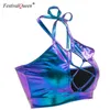 FestivalQueen 2022 Glanzende holografische metalen kleurtanktops Sexy Slim Backless Halter Street Wear Crop Top voor vrouwen T220819