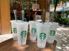 Starbucks 24oz/710ml أكواب بلاستيكية تومل ، غطاء الهدايا القابلة لإعادة الاستخدام شرب الشرب المسطح السفلي لونًا تغيير فلاش أسود كوب أسود