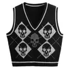 Y2K Gothic Knit Pull Gilet Crâne Argyle Imprimer Motif Tricots Col V Pull Mode Jumper Top Femmes Halloween Streetwear 220818
