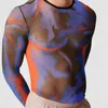 Män tryckt t shirt mesh se genom streetwear o-hals långärmad män kläder mode sexig camisetas 5xl incerun 7 220819