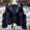 デザイナーの衣料品レディースジャケット毛皮のような茶色のクロップド女性本物の毛皮のコートwith winterファッションモットサイクルスタイルファーレザージャケット女性トレンディなオーバーコート