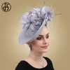 FS Fascinators Grey Church Sinamay Hat With Feather Fedora Hats For Women Derby Cocktail Party Bridal Ladies Church Hats 220819