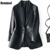 Nerazzurri Spring Autumn Black Leather Blazer Women Single Button Slim Fit Designer Womens Leather Jackets and Coats 5xl 6xl 7xl T220810