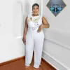 Kvinnors plus storlek byxor xl-5xl rund krage ärmlös strykning diamant elegant stil casual lös veck med bältes jumpsuit för wome