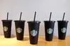 Starbucks Mermaid Goddess Kubki 24 unz/710 ml plastikowy kubek wielokrotnego użytku Czarne picie z płaskim dolnym kubkiem Kształt Kształt Słoma