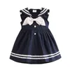 Summer 2-10T Years Children Sweet Sleeveless Vest Bow Sailor Collar Navy Blue White Patchwork Little Kids Navy Girls Dress