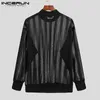 INCERUN Men Striped T Shirt Mesh Sexy See Through O Neck Long Sleeve Party Nightclub Tee Tops Streetwear Casual Camisetas 7 220819