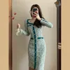 Kadınlar Uzun Kollu Elbise Kare Yaka Retro Yeşil Renk Tek Göğüslü Bodycon Tunik Kalem Vestidos Smlxl