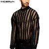 INCERUN Men Striped T Shirt Mesh Sexy See Through O Neck Long Sleeve Party Nightclub Tee Tops Streetwear Casual Camisetas 7 220819