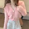 女性のニットティーザソフトファーVネックカーディガンセーター韓国のかわいいピンクの白いニットクロップトップ長袖ボタンジャンパーコートoutfi