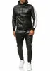 Tracksuits voor heren Maxbarley Men's Pu Leather Hoodies Set 2 -delige casual sweatsuitkapje met capuchon en broek joggingpak tracksuits's's