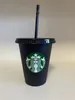 Starbucks 16 uncji / 473 ml Plastikowe Kubki Kubek Wielokrotnego Użytku Czarny Picie Płaskie Dno Kształt Filaru Pokrywa Kubek Słomkowy