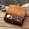 Titta på lådor Fall Brown Vintage Cow Leather Box 2 Slot med runda spänne utomhus bärbar reseförvaring och 3 presentboxwatch
