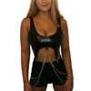 women's T-Shirt Sexy Women Clubwear PU Leather Chain Patchwork Tank Vest Crop Tops Sleeveless Summer Black Bodycon Bustiers Corsets R97h#
