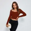 Damska koszulka sprężyna jesień damskie bluzki solidny kolor kwadratowy Sweter z długim rękawem