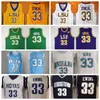 Männer NCAA Iowa State 33 Larry LSU 33 Shaq Bird Basketball-Trikots College Georgetown Hoyas GRAU 33 Patrick Ewing Blau Lila genähte Uniform