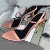 Lyxvarumärken Kvinna Sandal High Heels Tom-Fords-Sandal Nude Shiny Leather Padlock Pointy Toe Naked Sandal 105mm Ankle Strap With Box 35-43