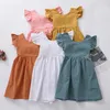 Girl's Dresses Spring And Autumn 0-5-year-old Girls' Solid Cotton Linen Dress Children's Flying Sleeve Bow Princess Skirt Sweet Casu