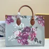 Women Tote Bag Shoulder Bags Fashion Letter Floral Printing Large Capacity Travel Shopping Handbags Genuine Leather Handle Interior Zipper Pocket Totes Purse
