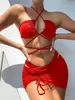 Women's Swimwear Solid Tie Up Drawstring Bikini Set Swimsuit reverse wear three-piece split foreign trade swimsuit