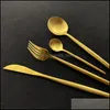 Dinnerware Sets Round Handle Matte Black Gold Set 304 Stainless Steel Tableware Knife Fork Spoon Flatware Cutlery Service For Mxhome Dh9Xn