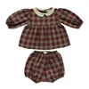 1-11y Bebe Brown Plaid Dress Kids Toddler Girl Dresses Peter Pan kołnierz Vintage Długie rękawe sukienki dla dzieci przez lata R231213