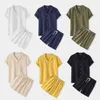 2022 Kaus Linen Katun Dasar Pria Set Pakaian Santai Warna Solid Kemeja Lengan Pendek Celana Pendek Serut Pakaian Dua Potong Kasual T220819