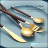 Dinnerware Sets Nordic Wood Grain 304 Stainless Steel Tableware Steak Fl Set Of Three-Piece Household Western-Style Fork Packing2010 Dh2Ys