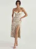Mozision Elegant Print Flower Spaghetti Strap Midi Dress for Women Gown Summer New Soureveless Backless High Split Dress Vestido T220819