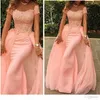 Designer Pink Prom -jurken Sheath Korte mouwen met over Skirt vloer lengte kralen op maat gemaakte avondjurk formele ocn slijtage Vestidos