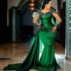 Aso Ebi Dark Green Evening Dresses Mermaid Long Sleeve Lace Appliqued African Formal Prom Gowns Peplum Arabic Dubai Satin Celebrity Party Special Occasion Dress