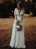 Bohemian Floral Lace Appliqued Wedding Gowns With Long Sleevesd Sexy Deep V Neck Country Rustic Bridal Dress A Line Chiffon Flowy Chic Brides Robes de Mariee CL0912