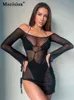 Mozision 2 Pcs Set Off Shoulder Mesh See Through Slit Mini Dress Bandage One Pcs Bikini Swimsuit 2022 Summer Women Beach Club T220819