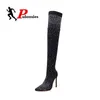 Bota Sexy Feminina Tecido Stretch Cristal Meia Bico Bico Bico Feminino Salto Acima do Joelho Coxa Mulher Ponta Alta Longo 1203