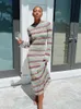 Backless Stripe Long Dress Women Casual Long Sleeve O-Neck Jurken Vrouw Elegant Robe 2022 Autumn Slim Fashion Ladies Vestidos T220819