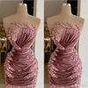 2022 Dusty Pink Prom Dresses Sheath Veet Designer Sleeveless Sparkly Sequins Pleats Above Knee Length Custom Made Evening Gown Formal Ocn Wear Vestidos 401 401