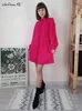 Mnealways18 Moda Mulheres Vestido de algodão Bodycon Manga longa Camisa plissada Faixa e Flare Dress Office Lady Lady Dress Rose Pink T220819