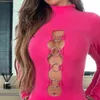 Mozision Sexy Hollow Out Skinny Mini Dresses Women Rose Pink O Neck Long Sleeve Bodycon Dresses Solid High Waist Slim Dress T220819