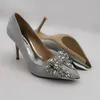 Silver Glitter Rhinestones Wedding Heels With Bowknot Party Shoes Pointed Toe For Prom Evening Occasion Crystals Bridal Pump Lady Formal Dress Stiletto Heel